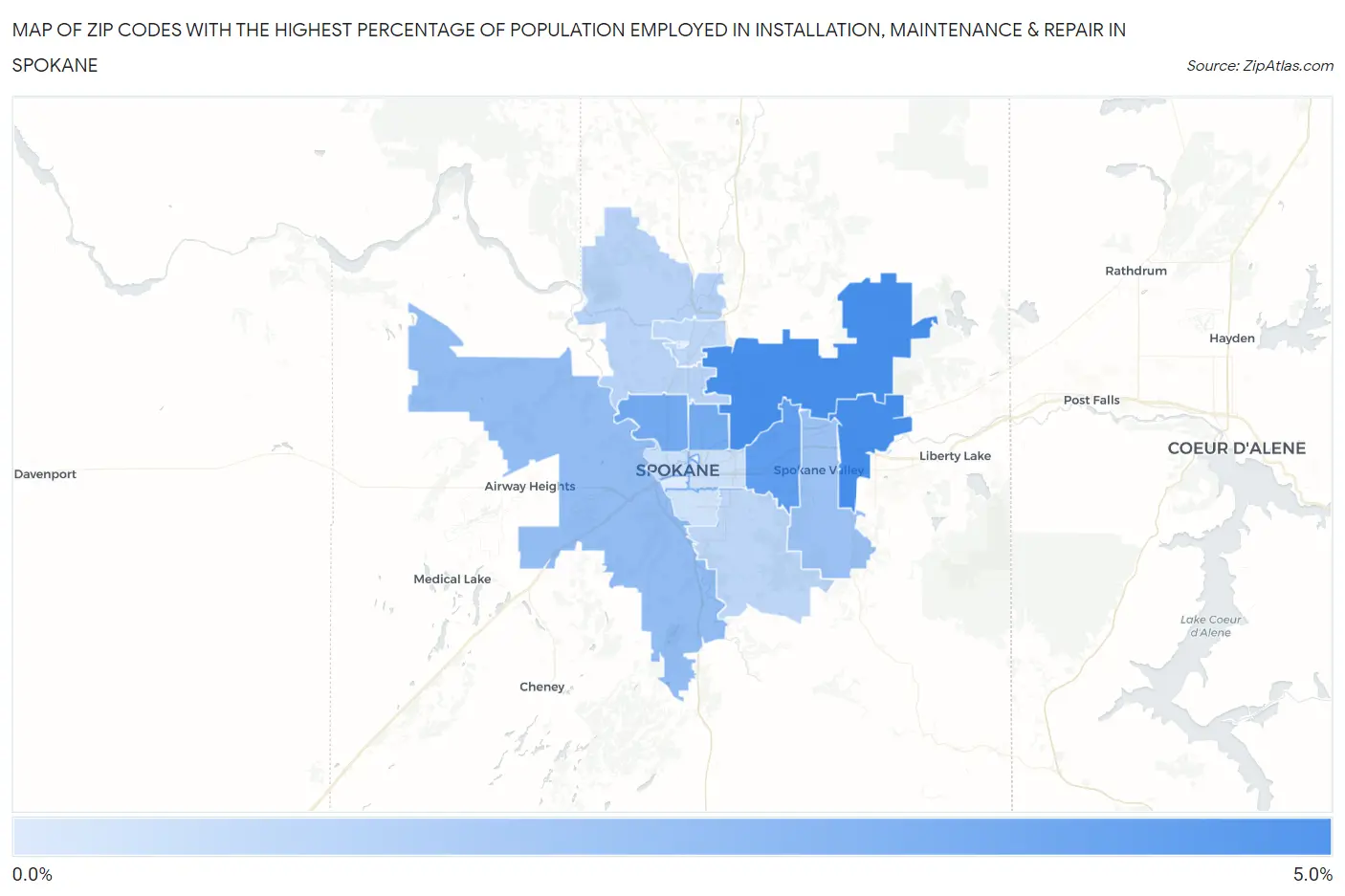 Zip Codes with the Highest Percentage of Population Employed in Installation, Maintenance & Repair in Spokane Map