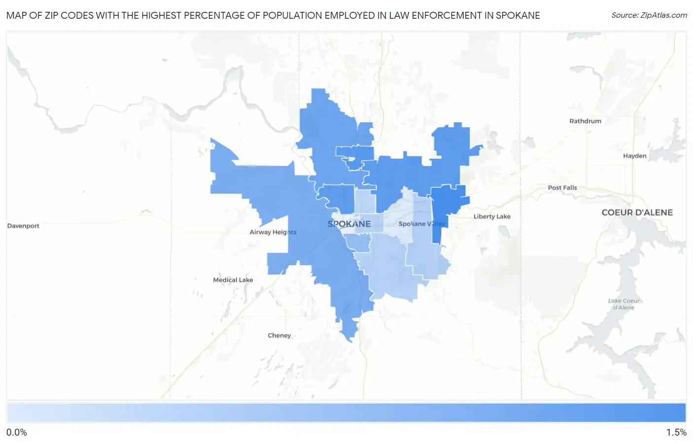 Zip Codes with the Highest Percentage of Population Employed in Law Enforcement in Spokane Map