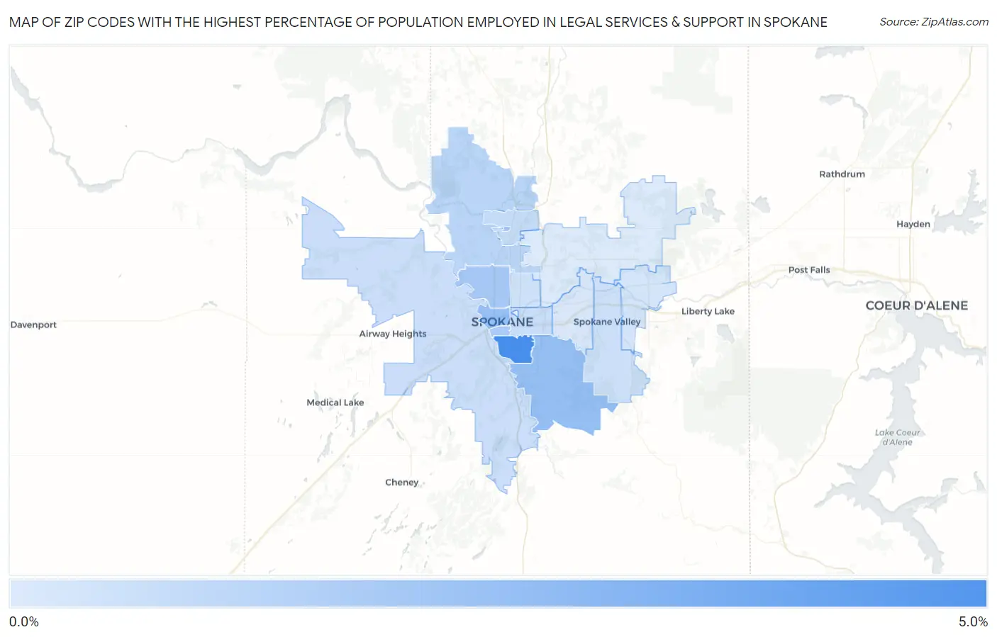 Zip Codes with the Highest Percentage of Population Employed in Legal Services & Support in Spokane Map