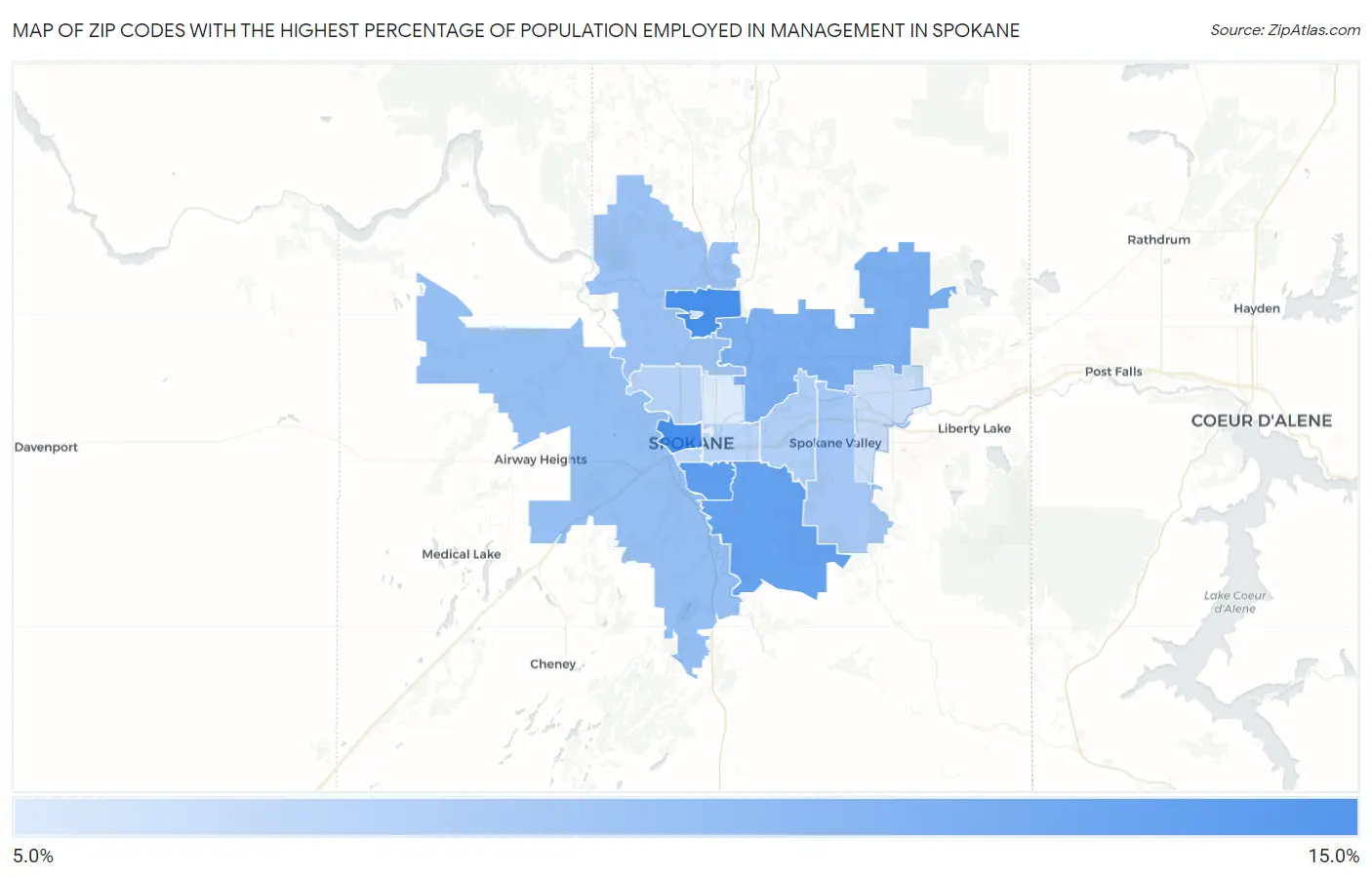 Zip Codes with the Highest Percentage of Population Employed in Management in Spokane Map