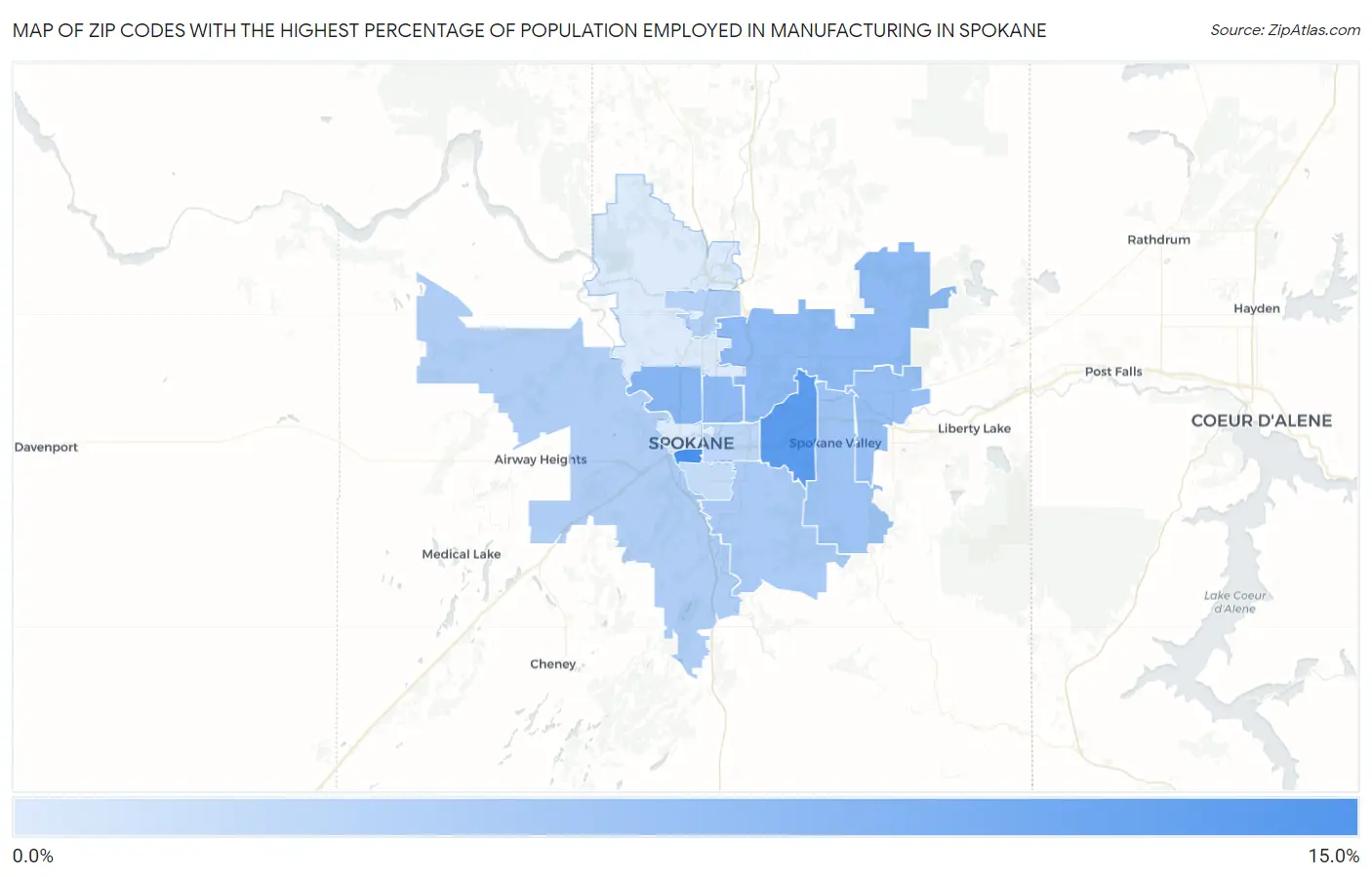 Zip Codes with the Highest Percentage of Population Employed in Manufacturing in Spokane Map