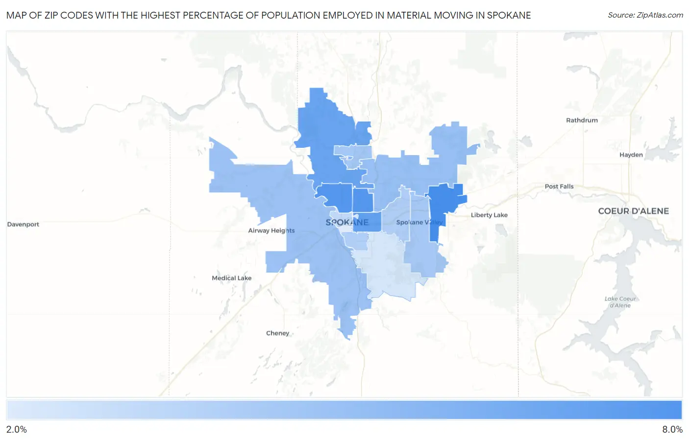 Zip Codes with the Highest Percentage of Population Employed in Material Moving in Spokane Map