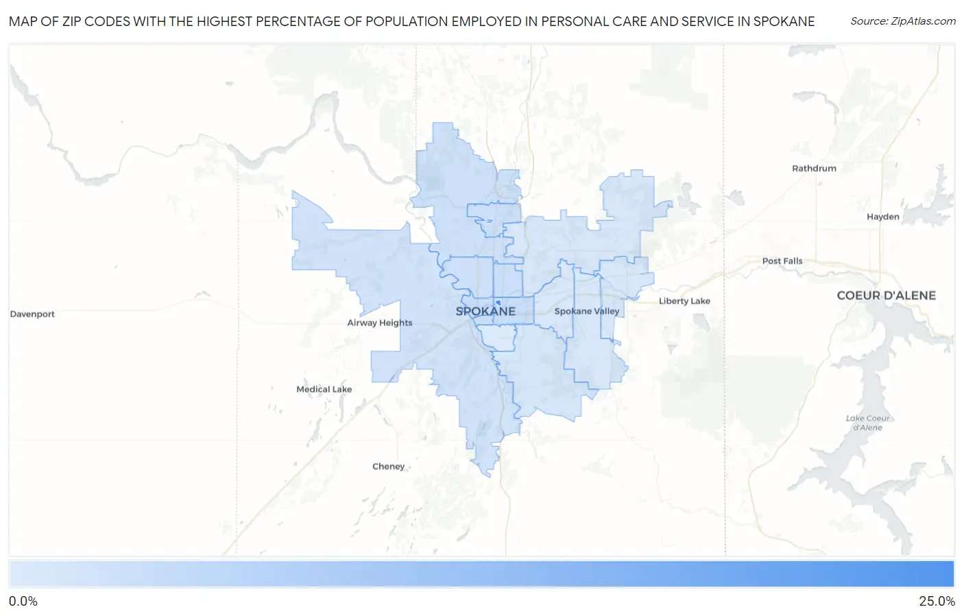 Zip Codes with the Highest Percentage of Population Employed in Personal Care and Service in Spokane Map
