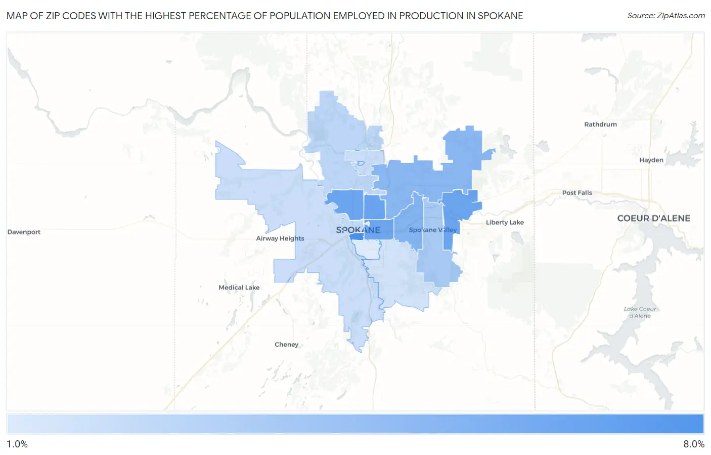 Zip Codes with the Highest Percentage of Population Employed in Production in Spokane Map