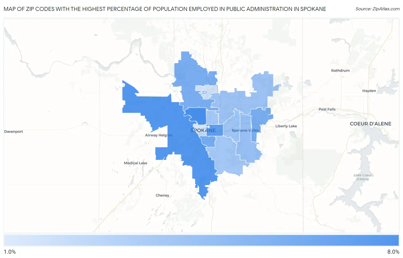 Zip Codes with the Highest Percentage of Population Employed in Public Administration in Spokane Map