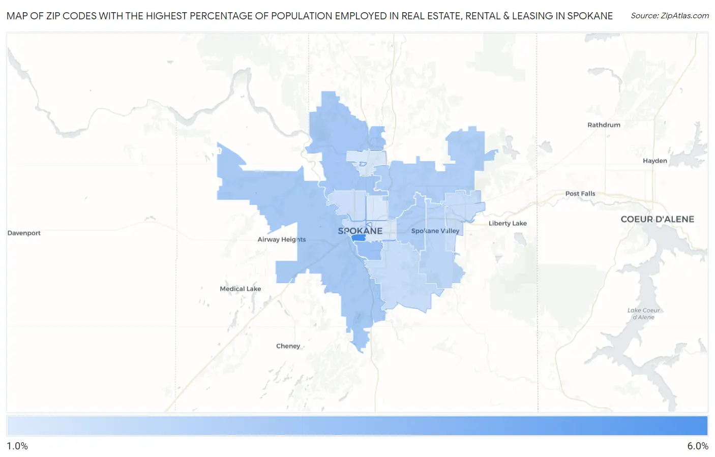 Zip Codes with the Highest Percentage of Population Employed in Real Estate, Rental & Leasing in Spokane Map