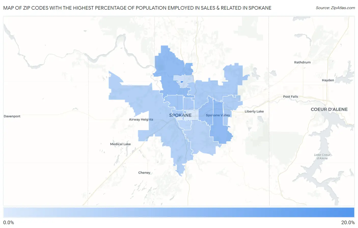 Zip Codes with the Highest Percentage of Population Employed in Sales & Related in Spokane Map