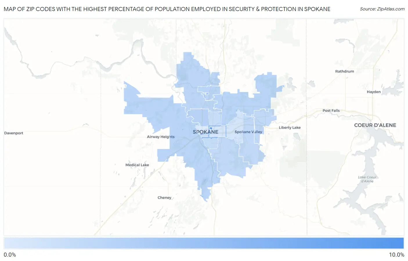 Zip Codes with the Highest Percentage of Population Employed in Security & Protection in Spokane Map
