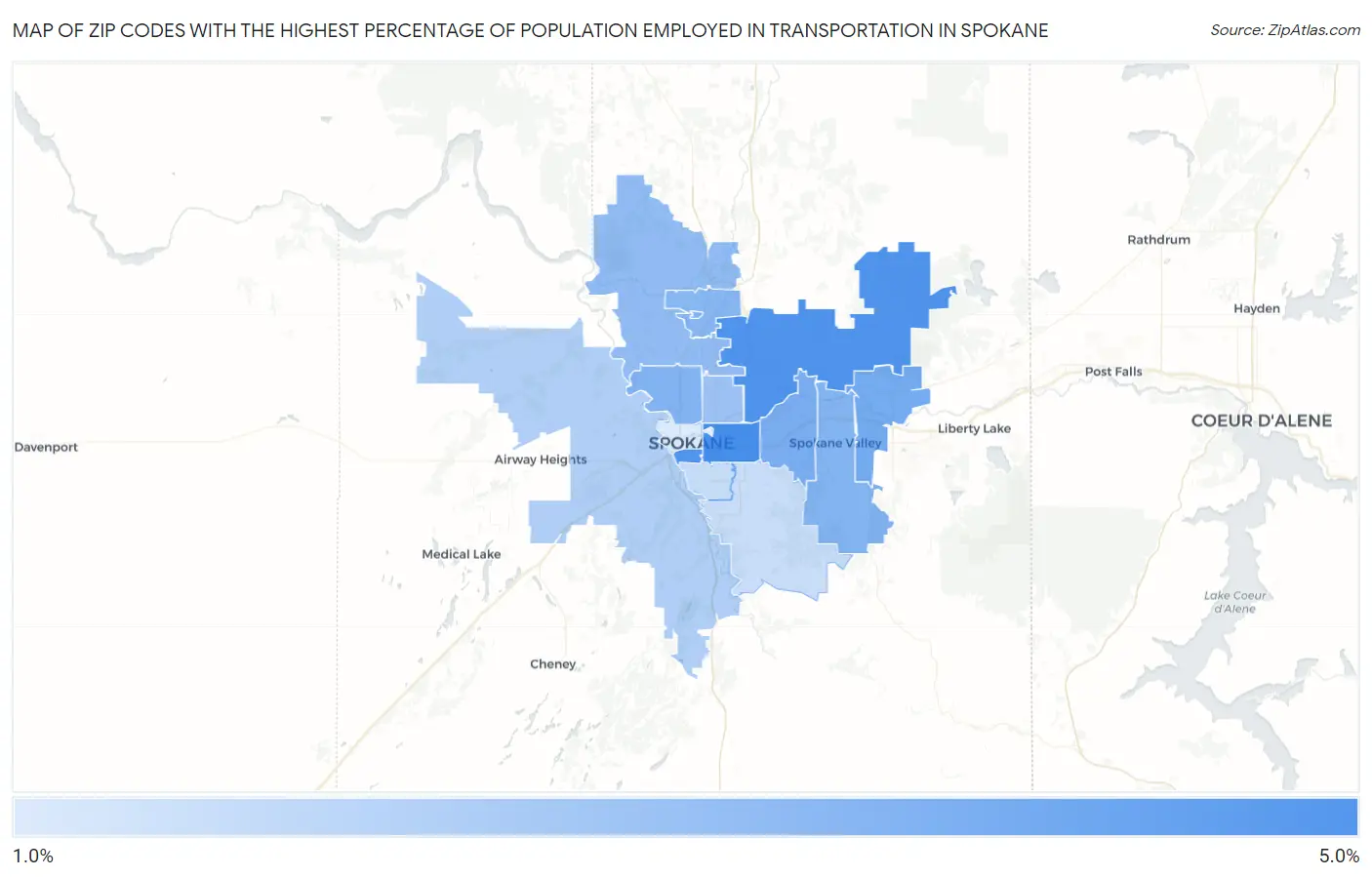 Zip Codes with the Highest Percentage of Population Employed in Transportation in Spokane Map