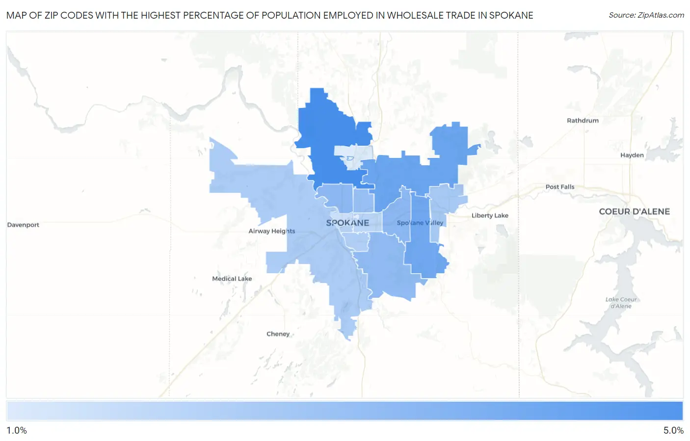 Zip Codes with the Highest Percentage of Population Employed in Wholesale Trade in Spokane Map