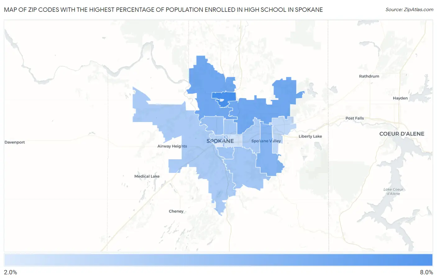 Zip Codes with the Highest Percentage of Population Enrolled in High School in Spokane Map