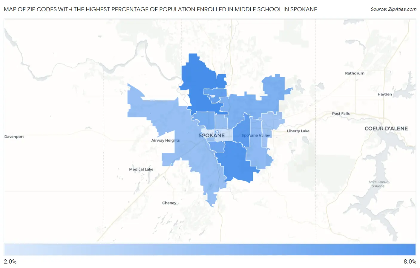 Zip Codes with the Highest Percentage of Population Enrolled in Middle School in Spokane Map