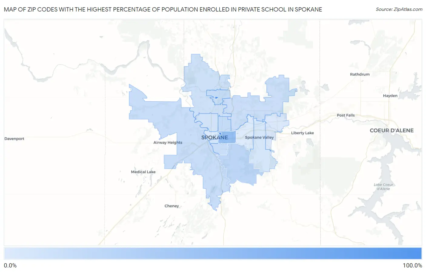 Zip Codes with the Highest Percentage of Population Enrolled in Private School in Spokane Map