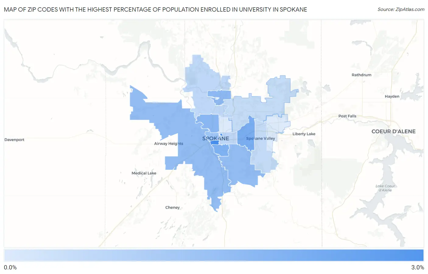 Zip Codes with the Highest Percentage of Population Enrolled in University in Spokane Map