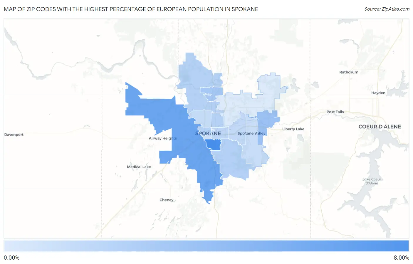 Zip Codes with the Highest Percentage of European Population in Spokane Map