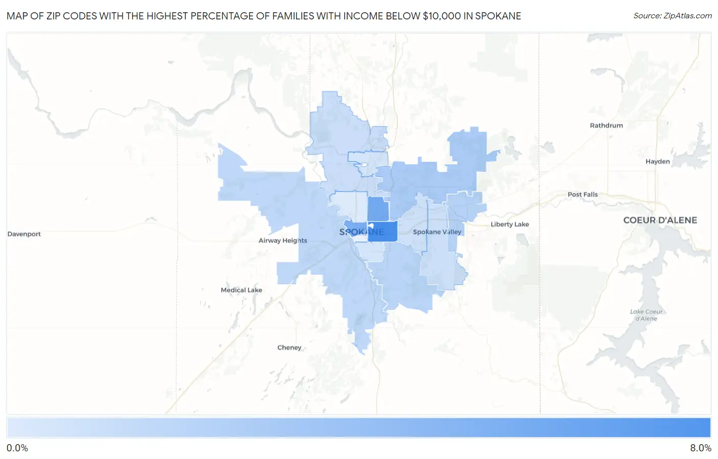 Zip Codes with the Highest Percentage of Families with Income Below $10,000 in Spokane Map