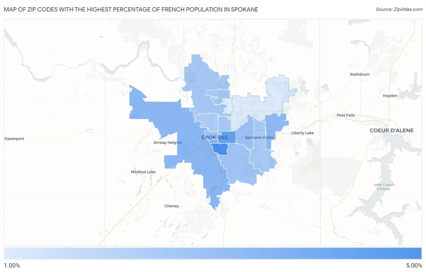 Zip Codes with the Highest Percentage of French Population in Spokane Map