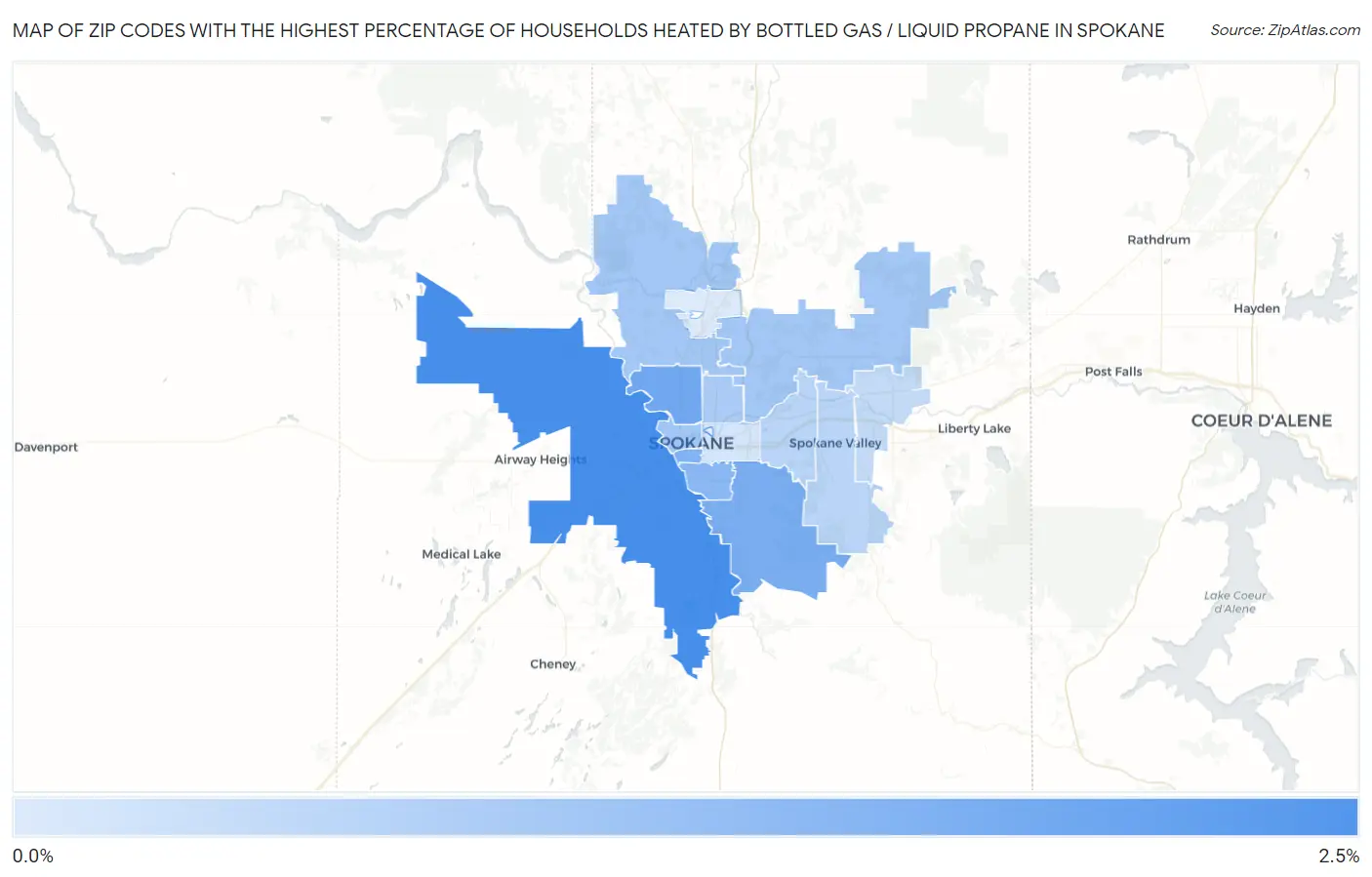 Zip Codes with the Highest Percentage of Households Heated by Bottled Gas / Liquid Propane in Spokane Map