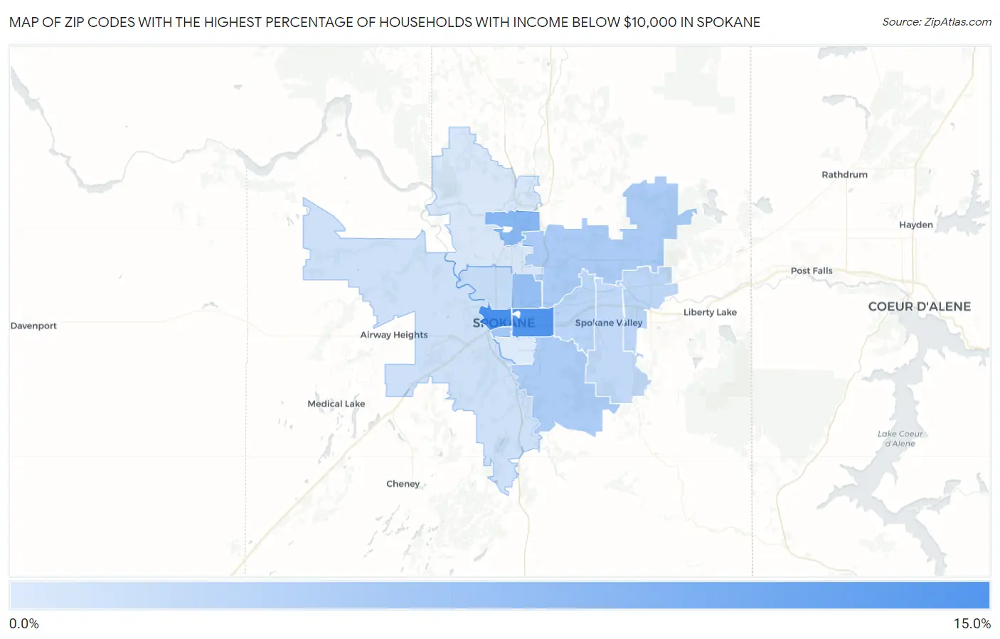 Zip Codes with the Highest Percentage of Households with Income Below $10,000 in Spokane Map