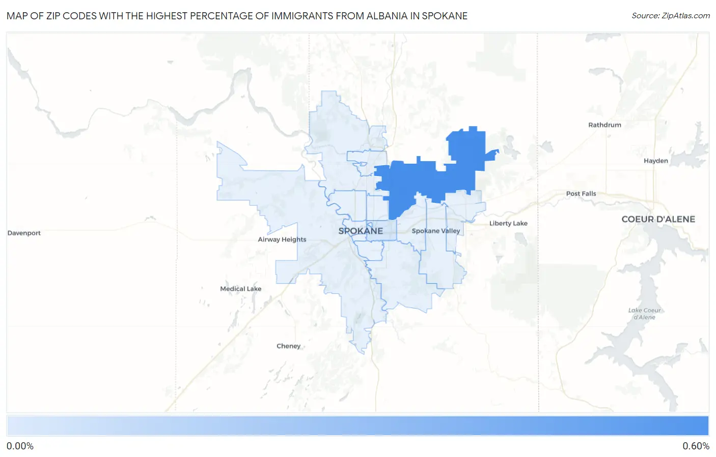 Zip Codes with the Highest Percentage of Immigrants from Albania in Spokane Map