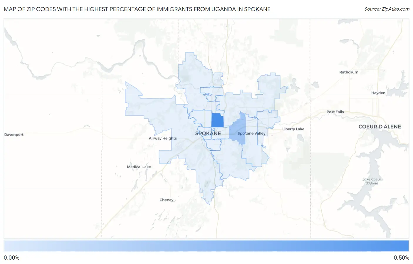 Zip Codes with the Highest Percentage of Immigrants from Uganda in Spokane Map