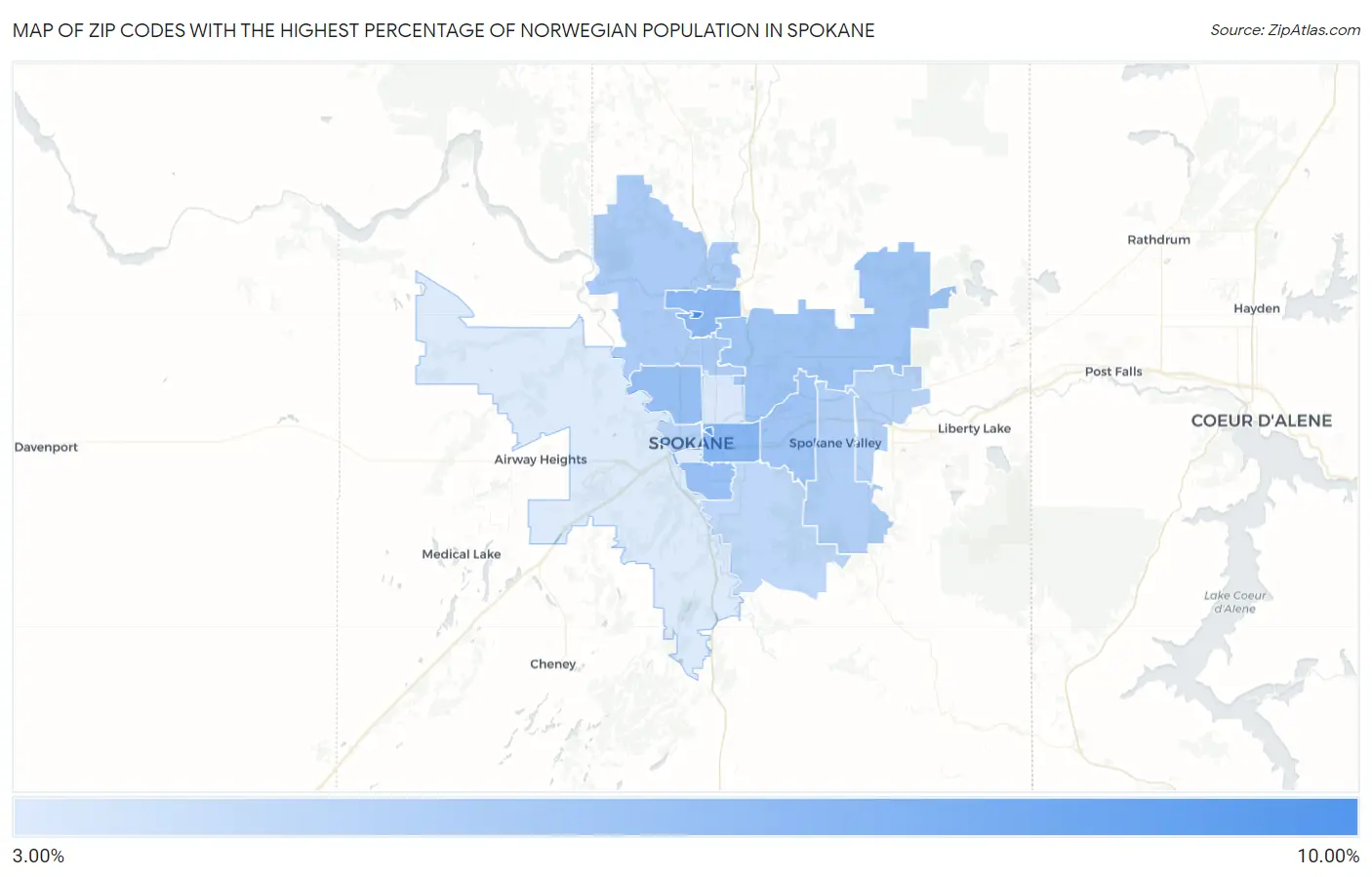 Zip Codes with the Highest Percentage of Norwegian Population in Spokane Map