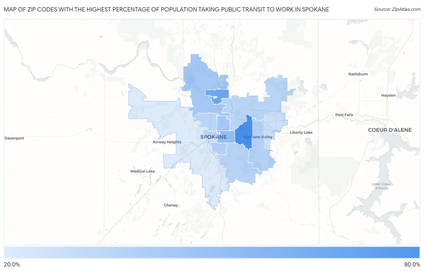 Zip Codes with the Highest Percentage of Population Taking Public Transit to Work in Spokane Map
