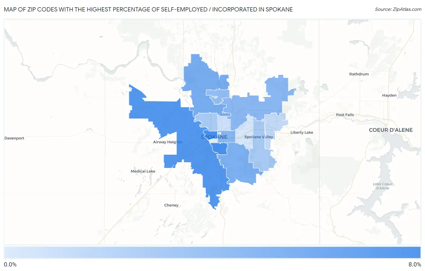 Zip Codes with the Highest Percentage of Self-Employed / Incorporated in Spokane Map