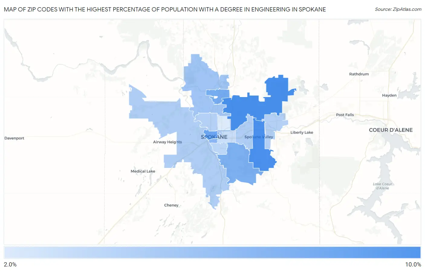Zip Codes with the Highest Percentage of Population with a Degree in Engineering in Spokane Map