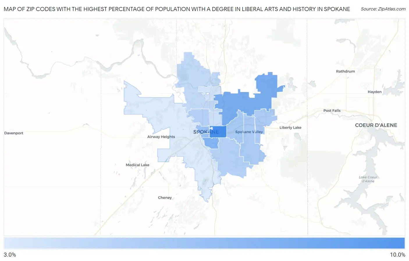 Zip Codes with the Highest Percentage of Population with a Degree in Liberal Arts and History in Spokane Map