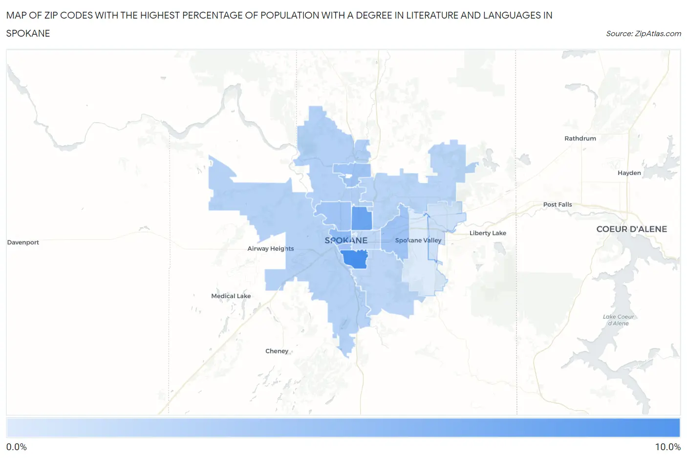 Zip Codes with the Highest Percentage of Population with a Degree in Literature and Languages in Spokane Map