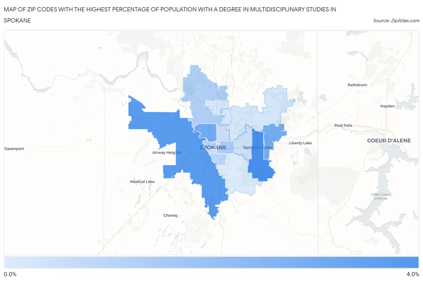 Zip Codes with the Highest Percentage of Population with a Degree in Multidisciplinary Studies in Spokane Map