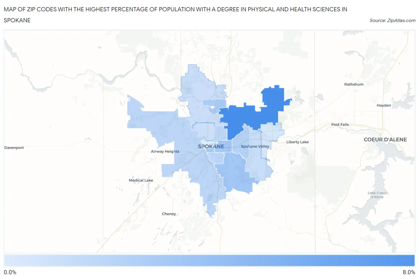 Zip Codes with the Highest Percentage of Population with a Degree in Physical and Health Sciences in Spokane Map