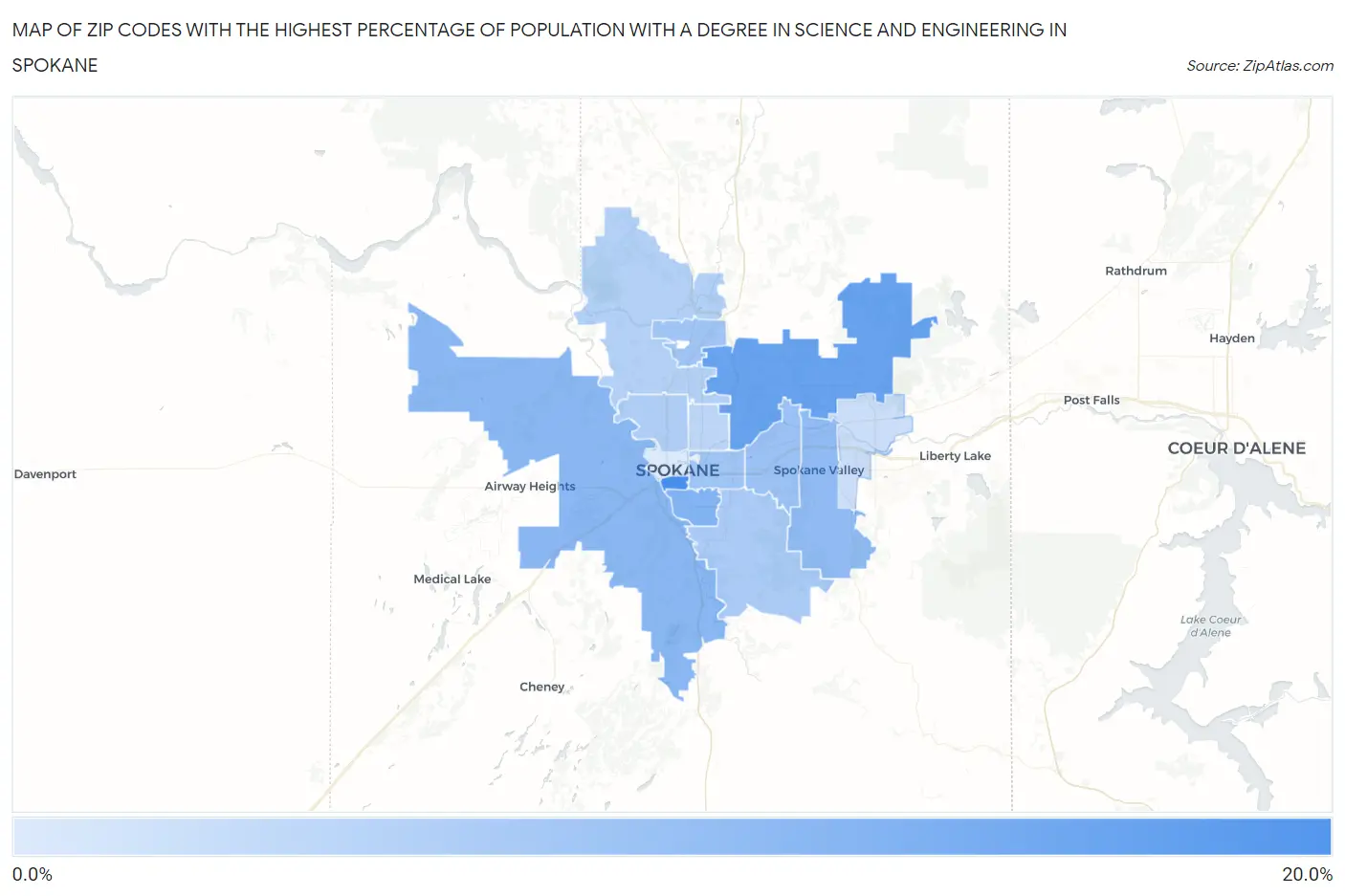 Zip Codes with the Highest Percentage of Population with a Degree in Science and Engineering in Spokane Map