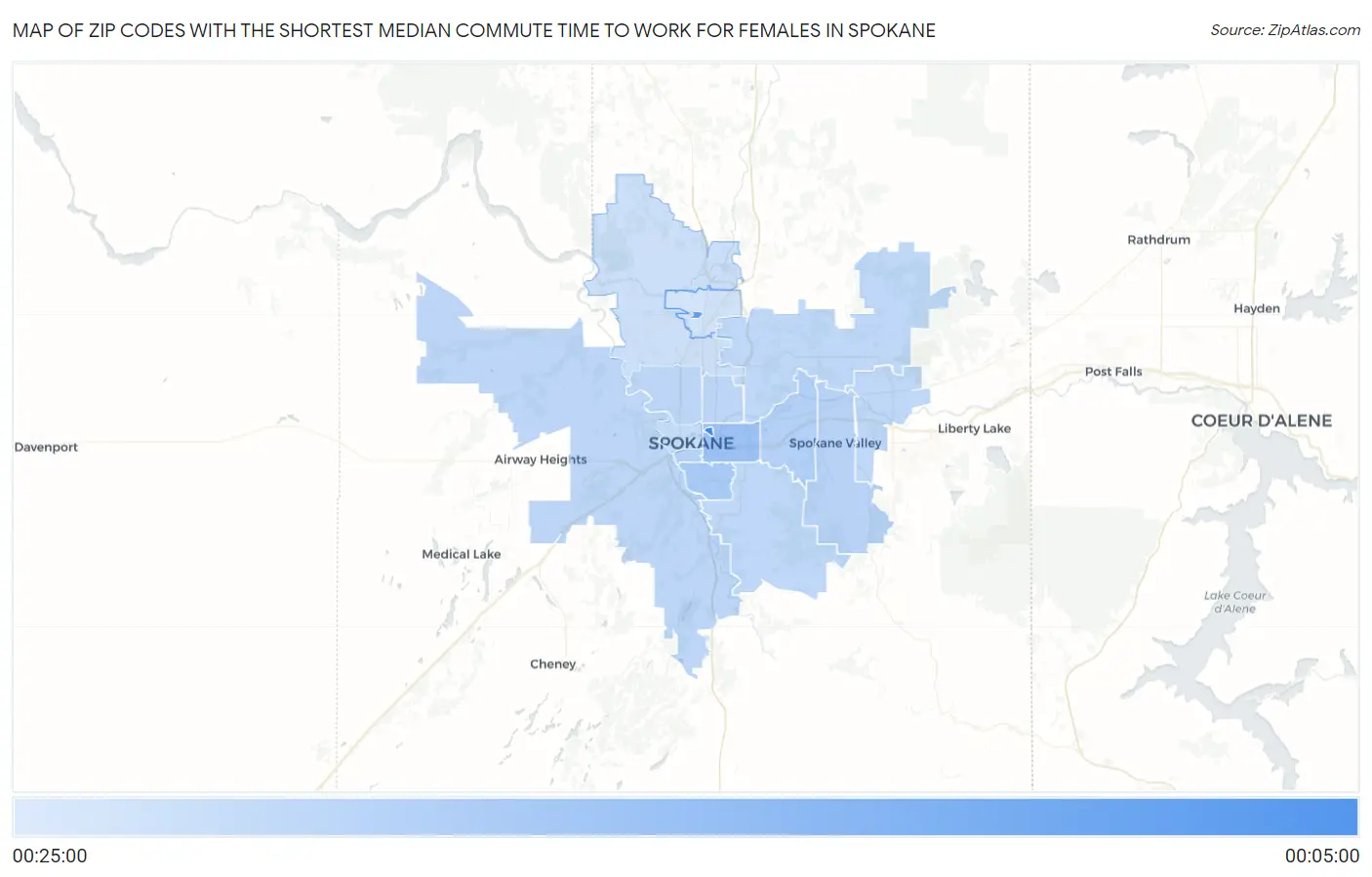 Zip Codes with the Shortest Median Commute Time to Work for Females in Spokane Map