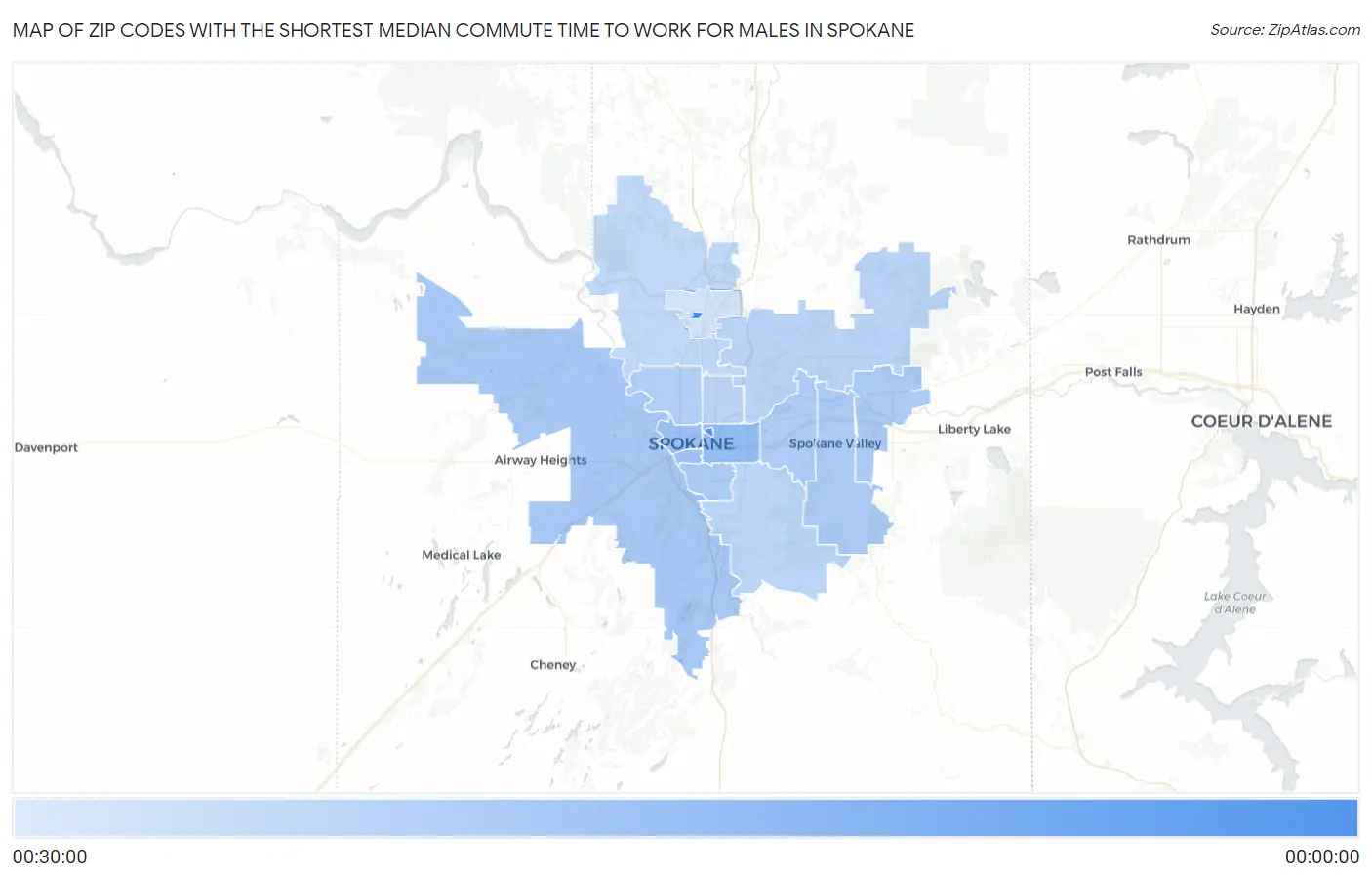 Zip Codes with the Shortest Median Commute Time to Work for Males in Spokane Map