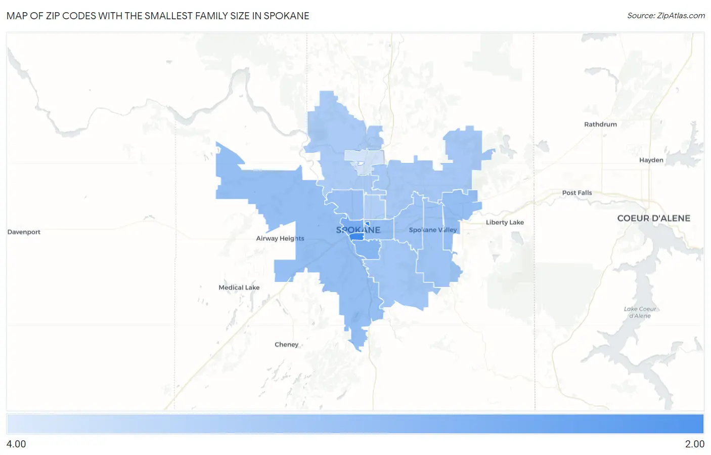 Zip Codes with the Smallest Family Size in Spokane Map