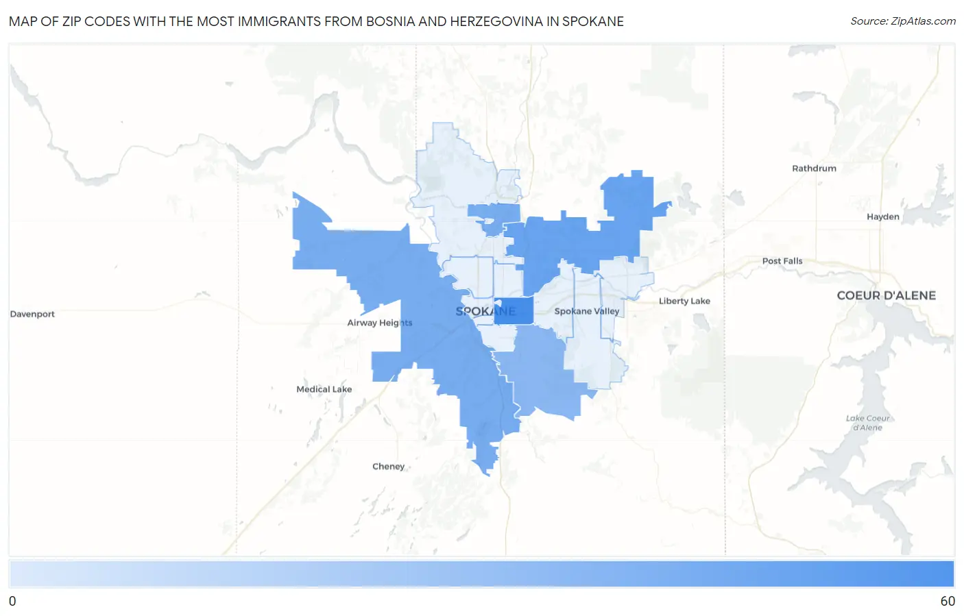 Zip Codes with the Most Immigrants from Bosnia and Herzegovina in Spokane Map