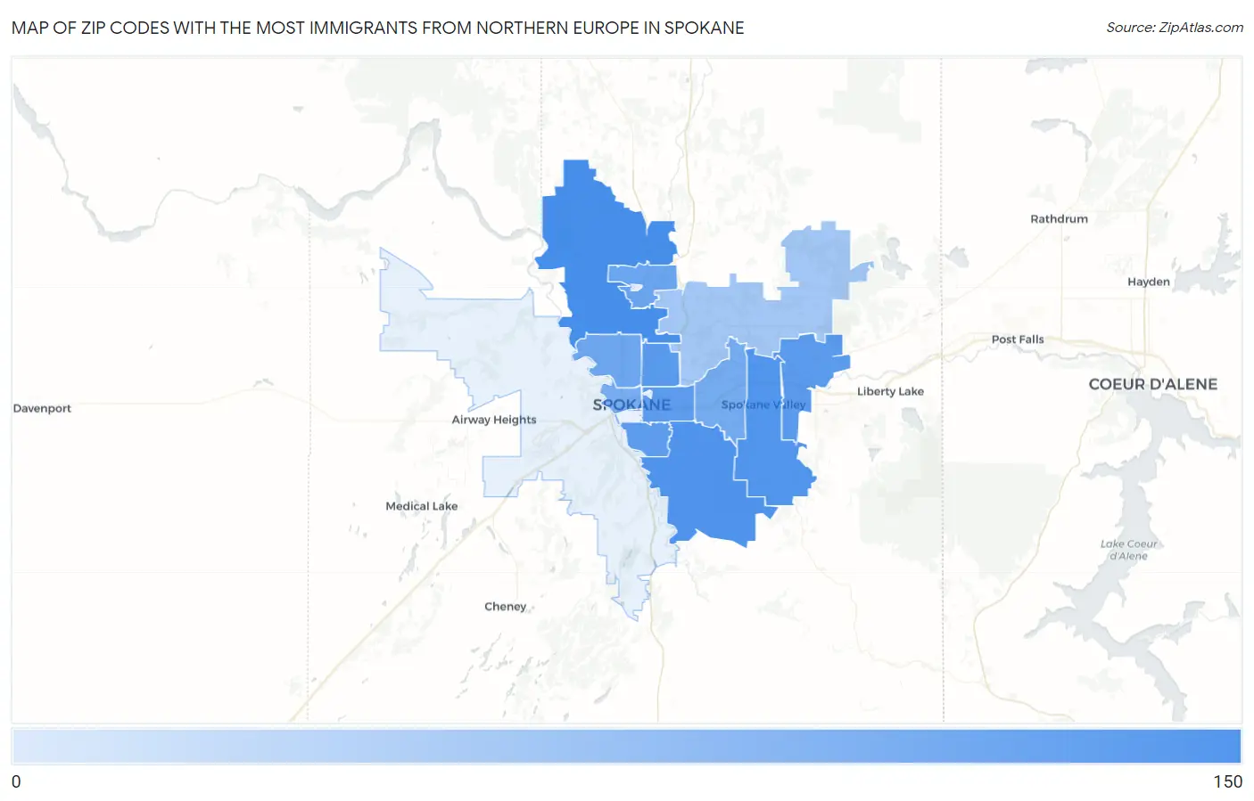 Zip Codes with the Most Immigrants from Northern Europe in Spokane Map