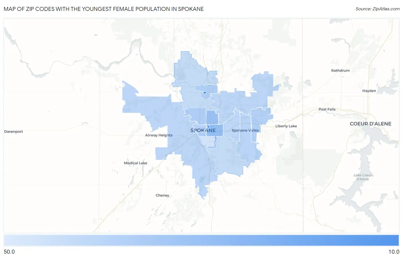 Zip Codes with the Youngest Female Population in Spokane Map