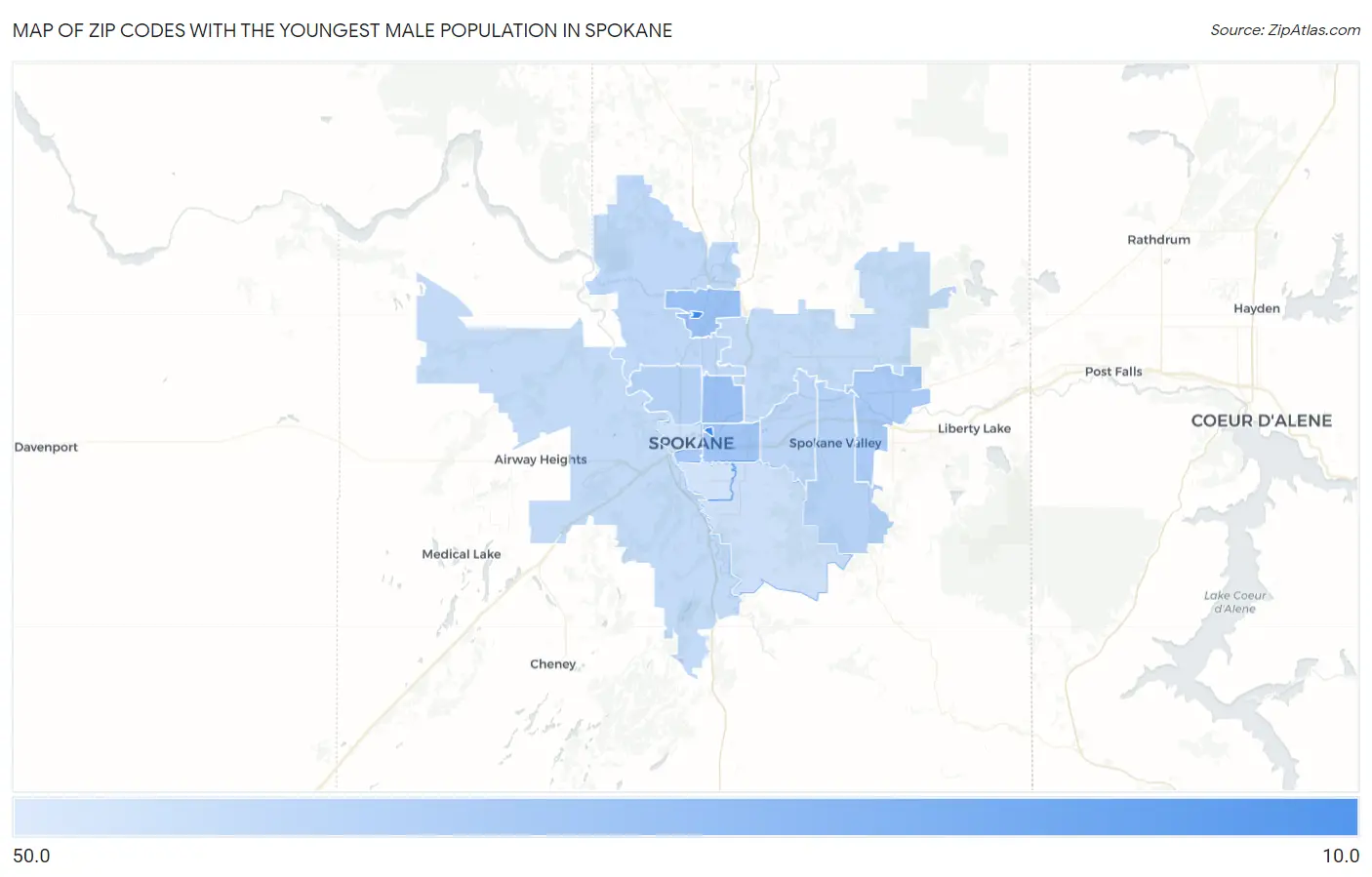 Zip Codes with the Youngest Male Population in Spokane Map
