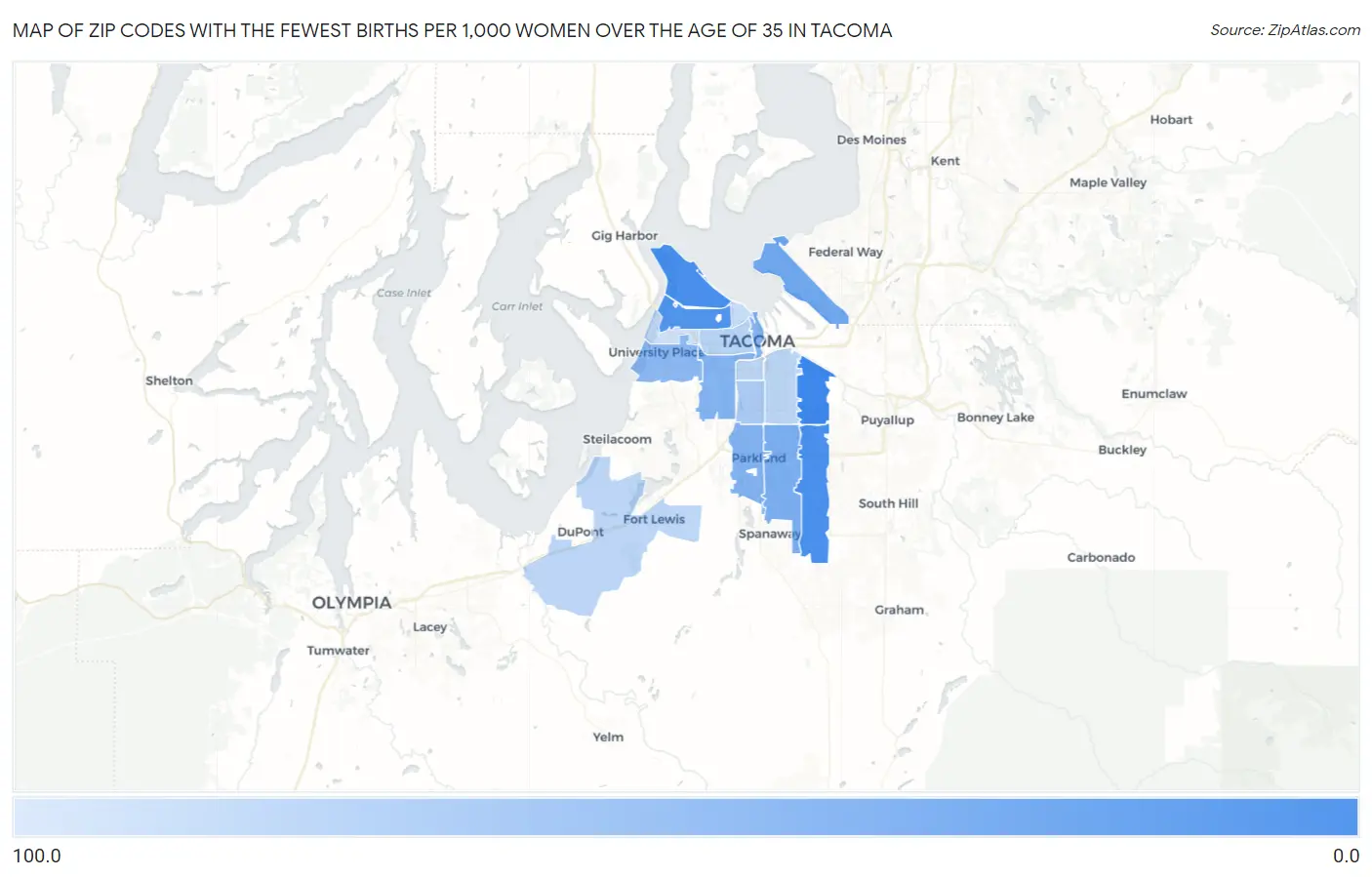 Zip Codes with the Fewest Births per 1,000 Women Over the Age of 35 in Tacoma Map
