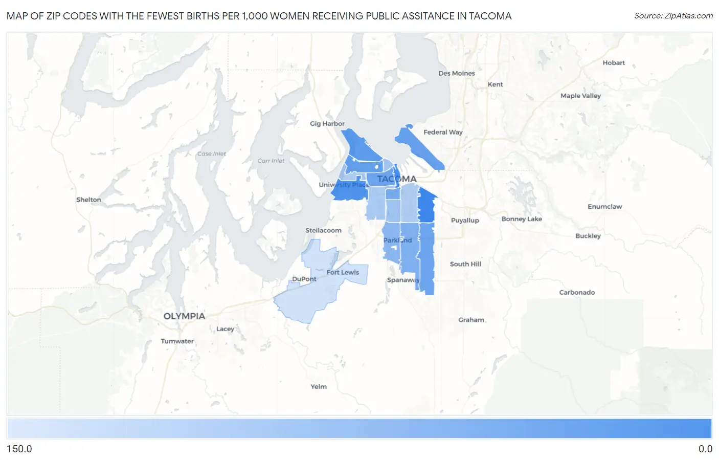 Zip Codes with the Fewest Births per 1,000 Women Receiving Public Assitance in Tacoma Map