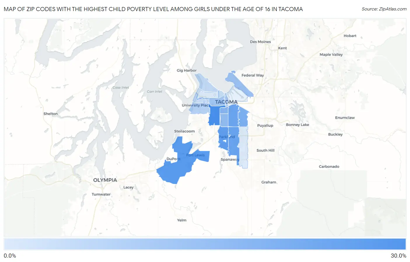 Zip Codes with the Highest Child Poverty Level Among Girls Under the Age of 16 in Tacoma Map
