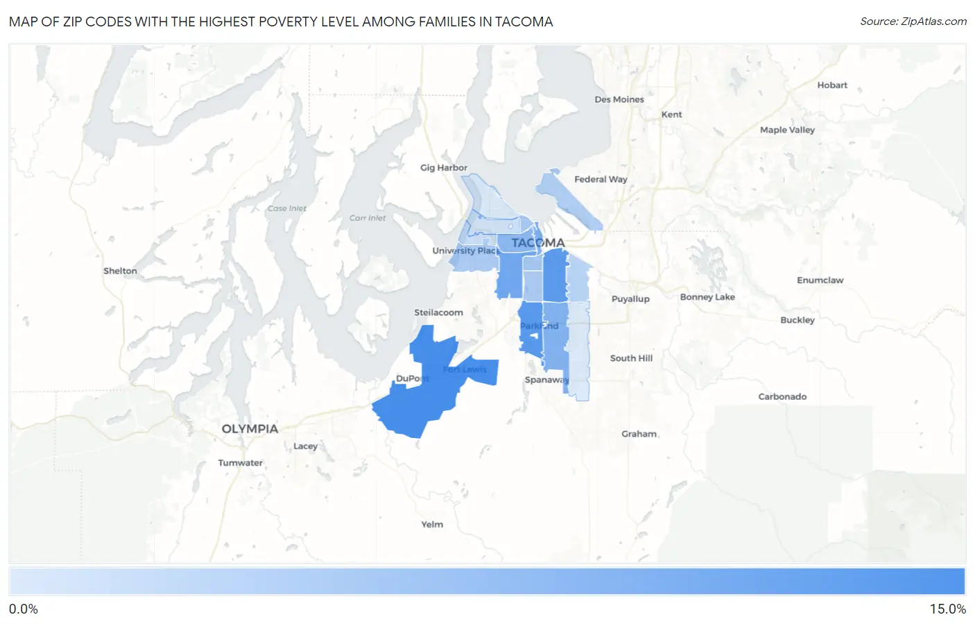 Zip Codes with the Highest Poverty Level Among Families in Tacoma Map