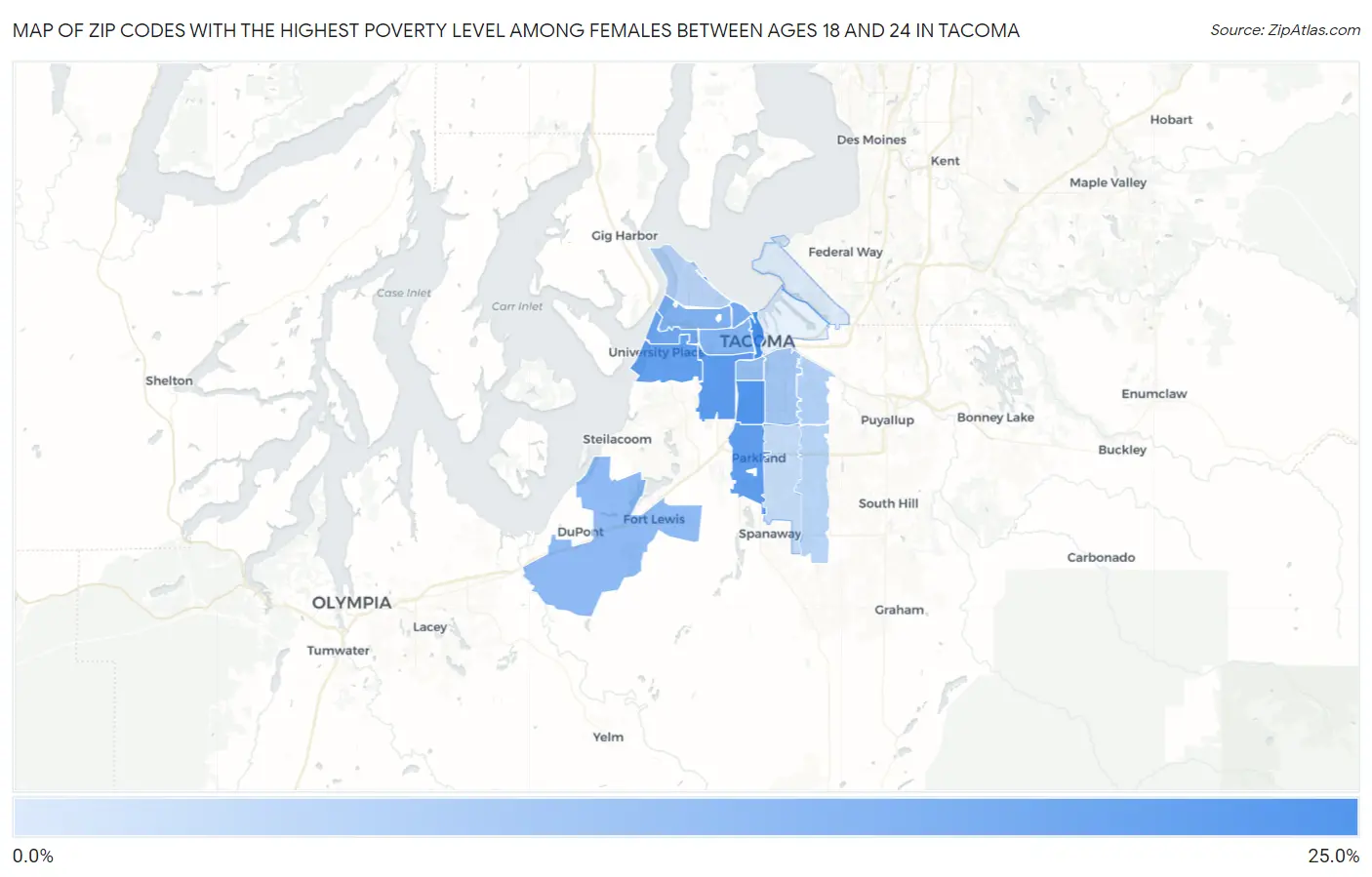 Zip Codes with the Highest Poverty Level Among Females Between Ages 18 and 24 in Tacoma Map