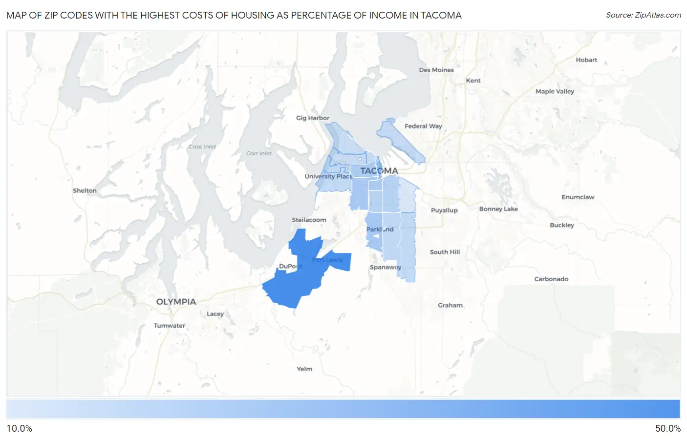 Zip Codes with the Highest Costs of Housing as Percentage of Income in Tacoma Map