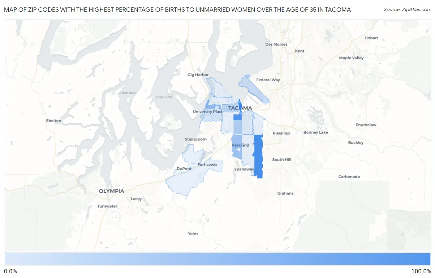 Zip Codes with the Highest Percentage of Births to Unmarried Women over the Age of 35 in Tacoma Map