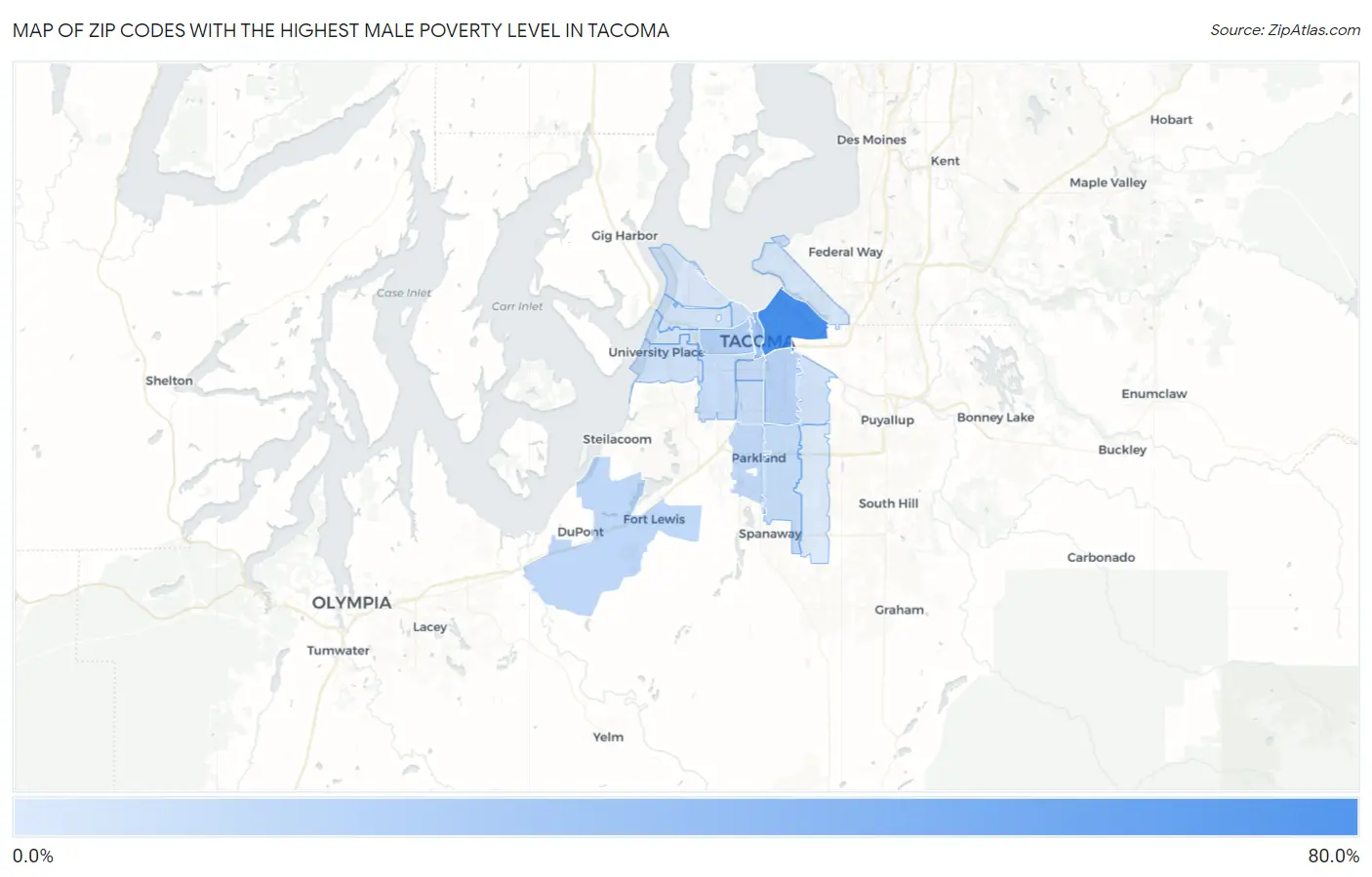 Zip Codes with the Highest Male Poverty Level in Tacoma Map