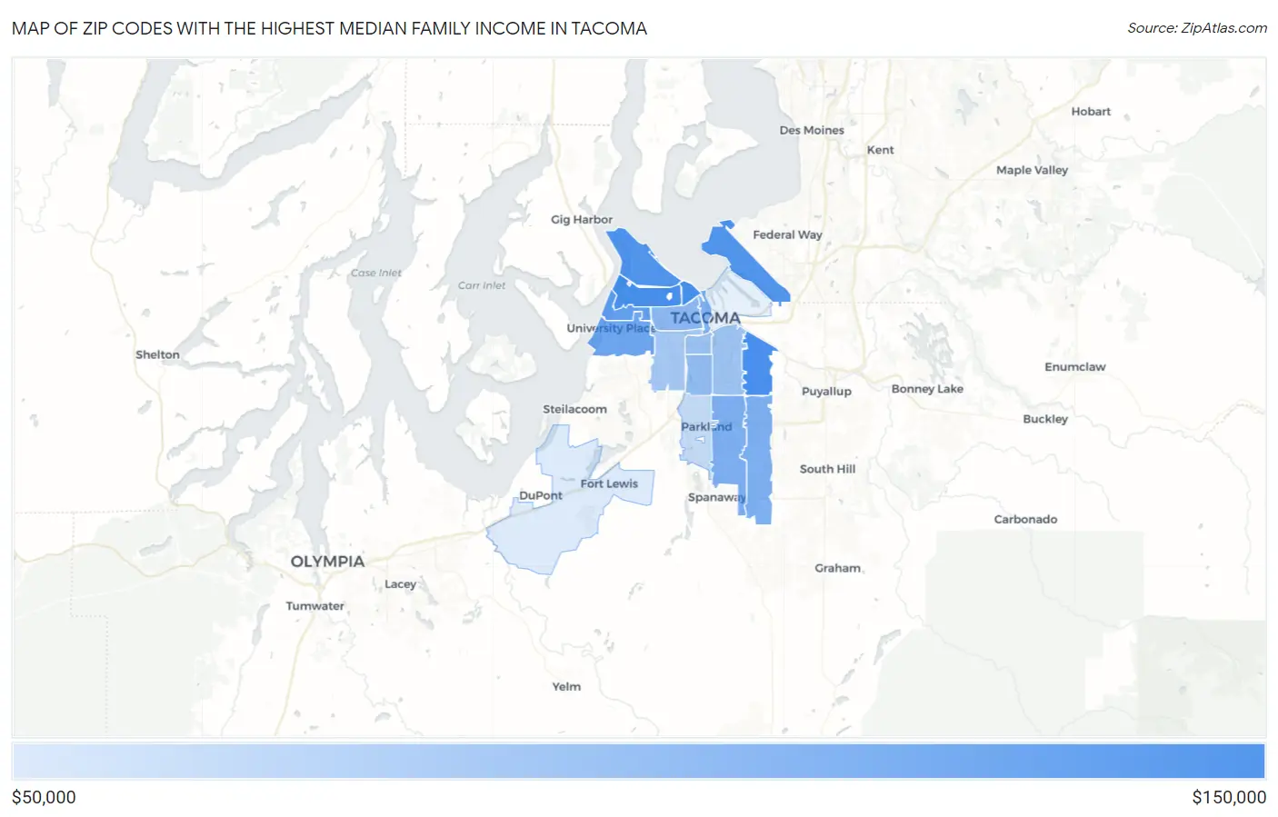 Zip Codes with the Highest Median Family Income in Tacoma Map